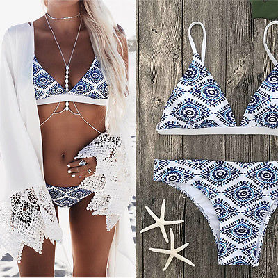 Sexy Ladies White Floral Halter Thong Biquini Swimsuit Swim Beach