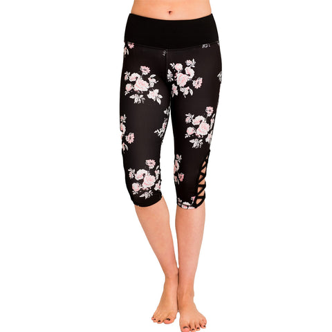 Print  hi-rise Capri with a side crisscross strap cutout