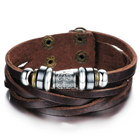 Genuine Leather Heavy Charm Men's Stainless Steel Bracelet