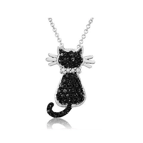 Silver Overlay Black Diamond Accent Cat Pendant with 18" Chain