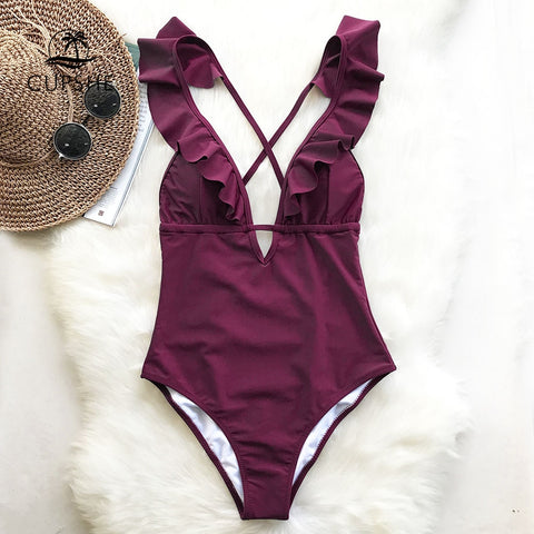 CUPSHE Burgundy Heart Attack Falbala One-piece Swimsuit
