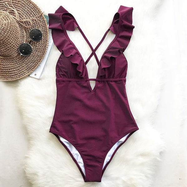 CUPSHE Burgundy Heart Attack Falbala One-piece Swimsuit